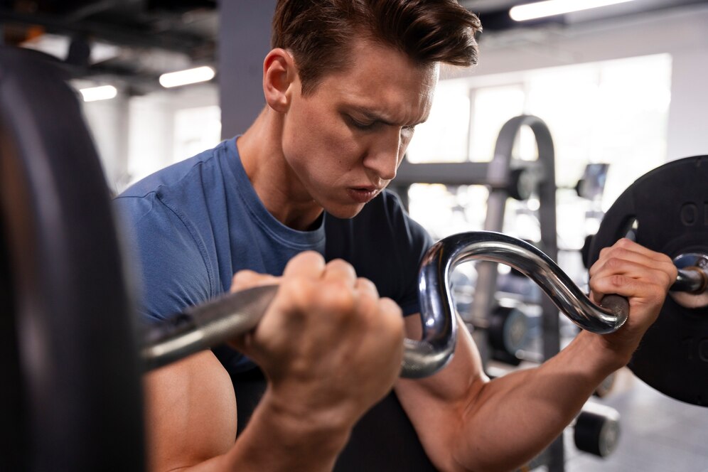Young man intensely lifting weights at a gym, focusing on curling a barbell.
