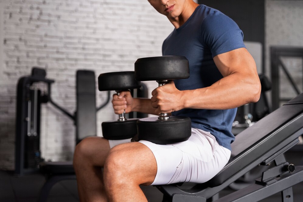 A muscular man lifting heavy dumbbells while seated on a workout bench in a gym.